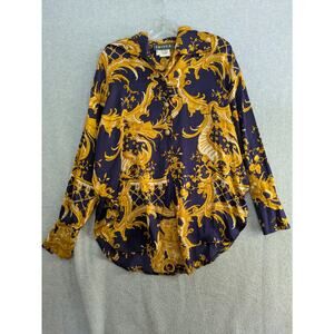 Crisca Tunic Blouse Women 34 Baroque Print 100% Silk Long Sleeve Flowy Navy Gold